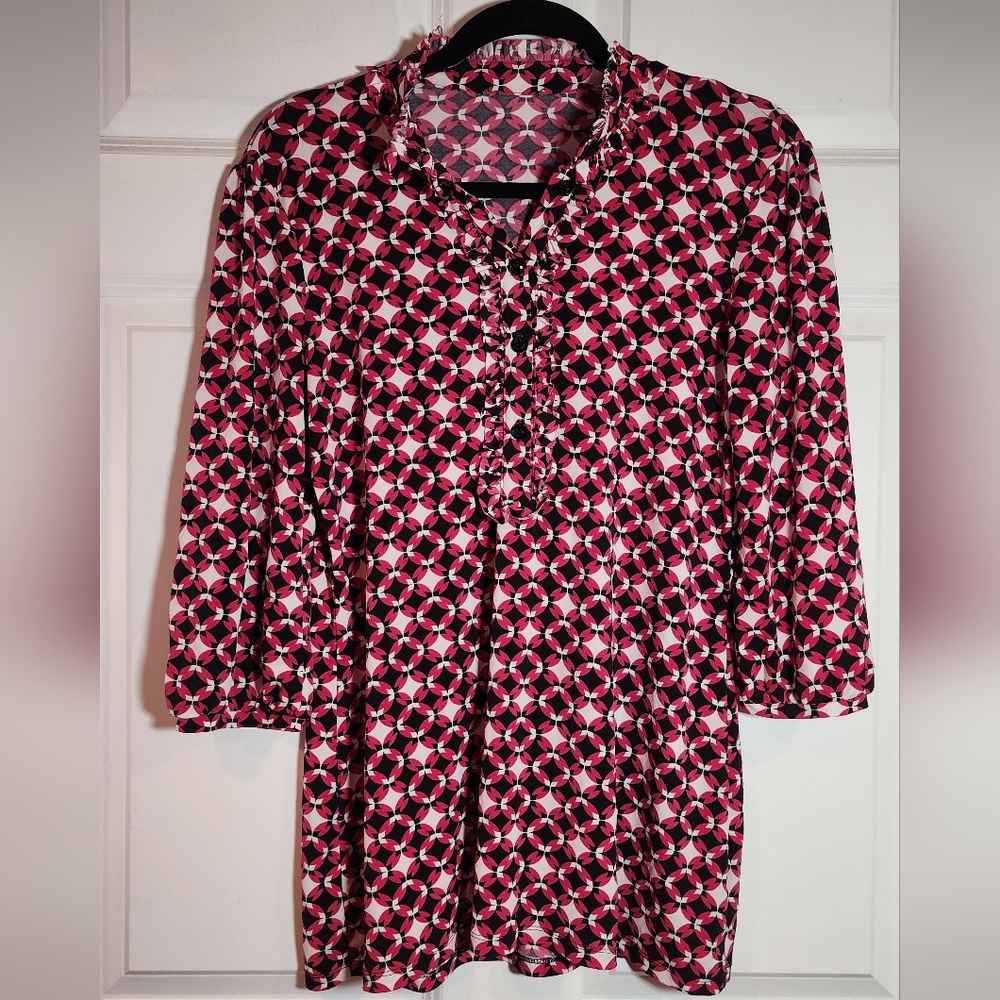 Style & Co Stretch Pink Black White Geometric 3/4 Sleeve Blouse No Tag